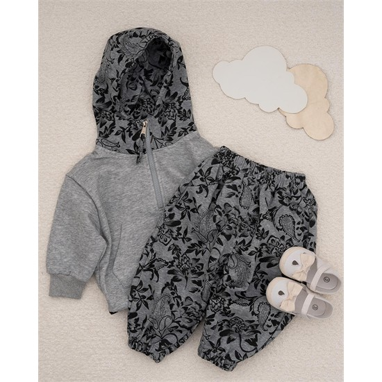 ست هودی و شلوار طوسی گل گلی کد 7449