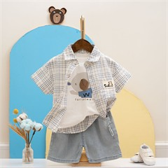 ست سه تیکه کد 7283 پیراهن + تاپ + شلوارک طرح خرسی
