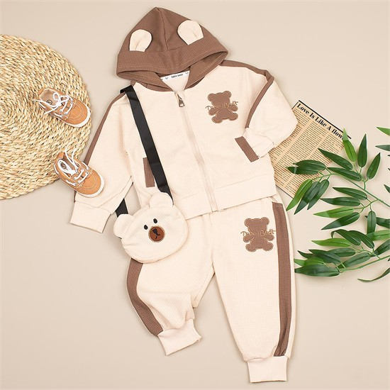 ست سه تکه کد 3917 سویشرت+ شلوار + بادی بگ کرم طرح تدی