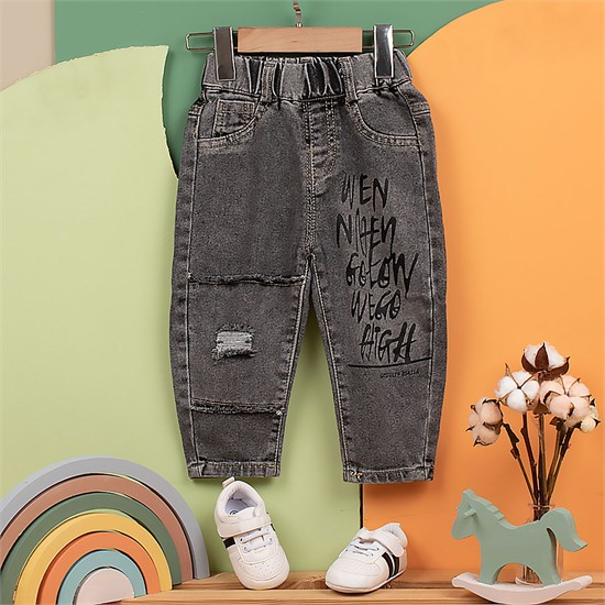 شلوار جین زغالی نوشته های مشکی کد 3761