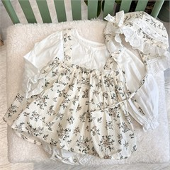 ست پیراهن زیردکمه و کلاه طرح دسته گل سبز دخترانه