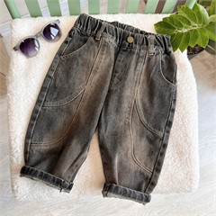 شلوار نیم بگ جین زغالی شست کرم پسرانه و دخترانه