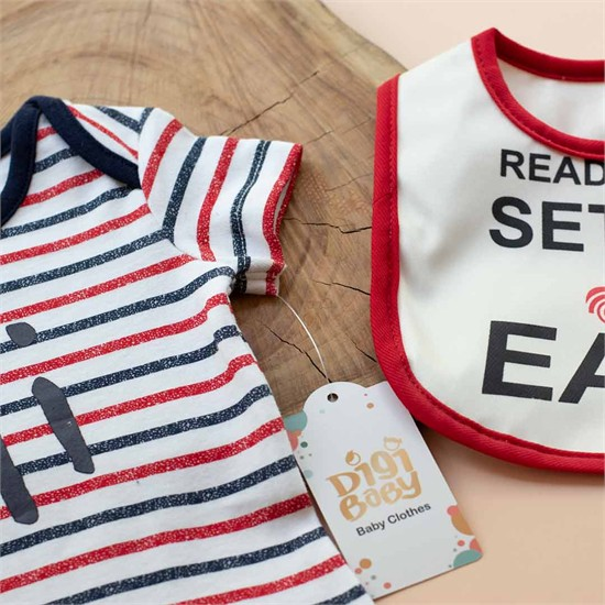 رامپر تابستانه سفيد طرح راه راه سرمه اي قرمز