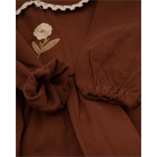 پيراهن کتان قهوه اي يقه دلبري