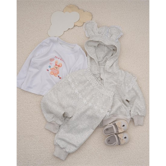 ست سه تکه کد 7444 سویشرت، شلوار و بلوز طرح پاپیون توری