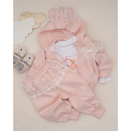 ست سه تکه کد 7444 سویشرت، شلوار و بلوز طرح پاپیون توری