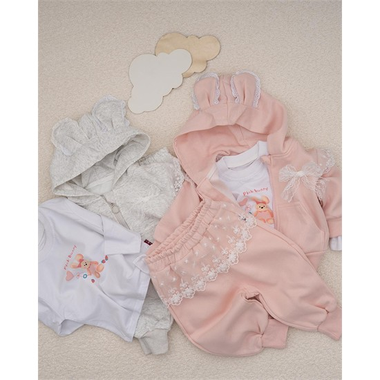 ست سه تکه کد 7444 سویشرت، شلوار و بلوز طرح پاپیون توری