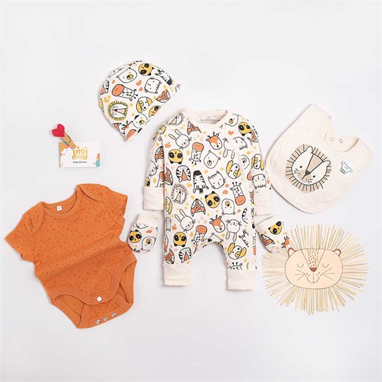 ست پنج تکه سرهمي بي جوراب ، بادي ، پيشبند، کلاه، دستکش