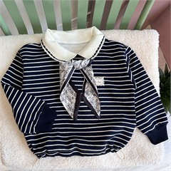 ست دورس و دستمال گردن سرمه ای راه راه دخترانه